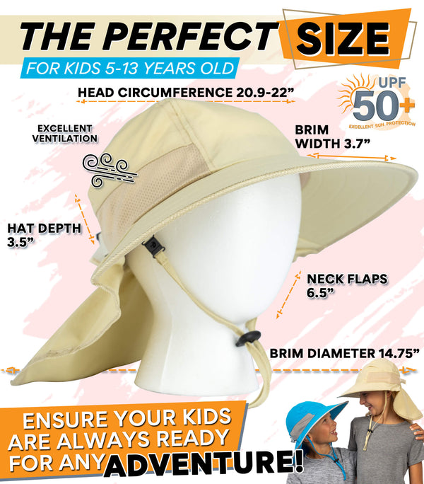 Kids sun hat size guide showing head circumference brim width and neck flap measurements with UPF 50+ protection