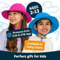 Two kids wearing colorful GearTOP Voyager sun hats showing unisex design, UPF 50+ protection, and adjustable fit for children ages 2 to 13.