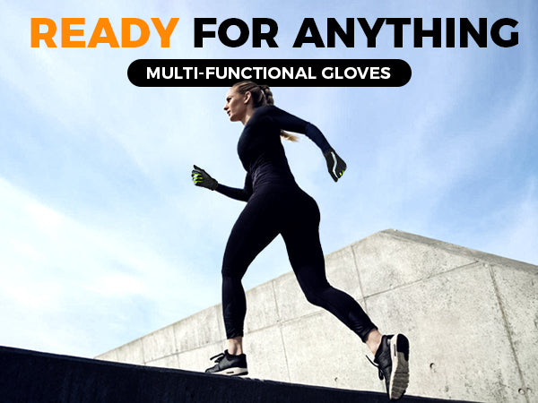 Athlete wearing GearTop Touch Screen Reflective Running Gloves designed for running, training, commuting, hiking, cycling, and other outdoor activities in cool weather.
