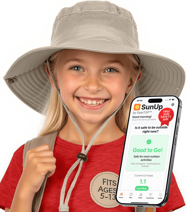 Child wearing the GearTOP Navigator Kids Series beige sun protection hat with UPF 50+, breathable mesh band, adjustable fit, and the SunUp UV safety app to help families monitor safe sun exposure.