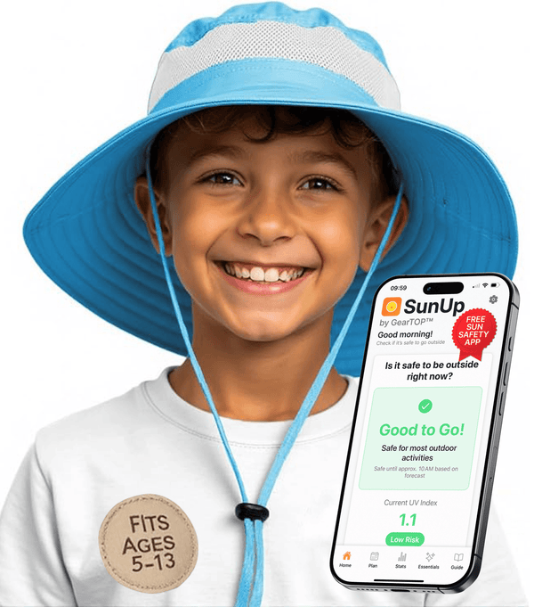 Smiling boy wearing the GearTOP Navigator Kids Series sky blue UPF 50+ sun protection hat with a wide brim, breathable mesh band, adjustable chin strap, and SunUp UV safety app for safer outdoor adventures.