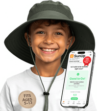 Happy child wearing the GearTOP Navigator Kids Series olive green UPF 50+ wide brim sun hat with breathable mesh ventilation, secure adjustable chin strap, and the SunUp UV safety app for outdoor sun protection.