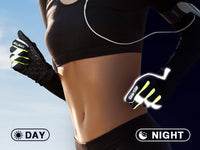 Runner wearing GearTop reflective gloves that enhance visibility during both daytime and nighttime workouts with reflective panels for added safety in low-light conditions.