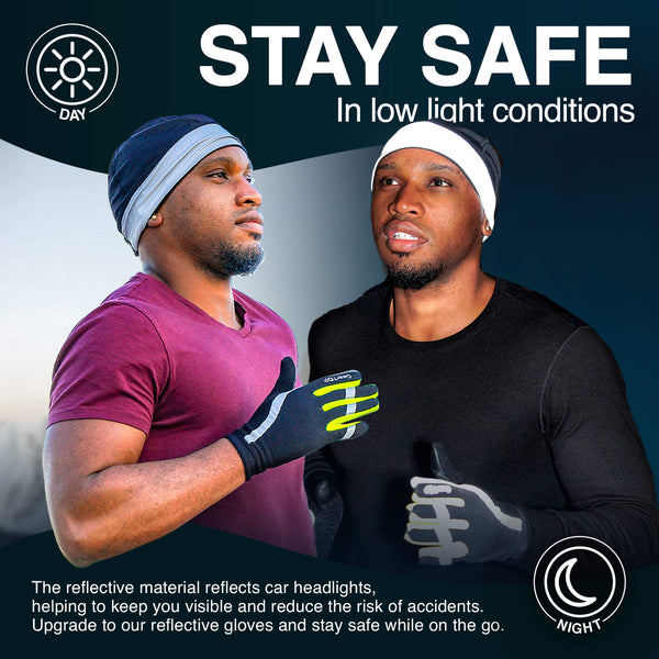GearTop reflective running gloves improve visibility during both daytime and nighttime activities with reflective panels that help runners stay seen in low-light environments.