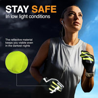 Runner wearing GearTop reflective running gloves with high-visibility reflective panels that improve safety during early morning and nighttime runs in low-light conditions.