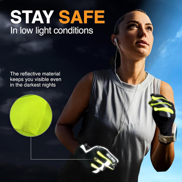 Runner wearing GearTop reflective running gloves with high-visibility reflective panels that improve safety during early morning and nighttime runs in low-light conditions.