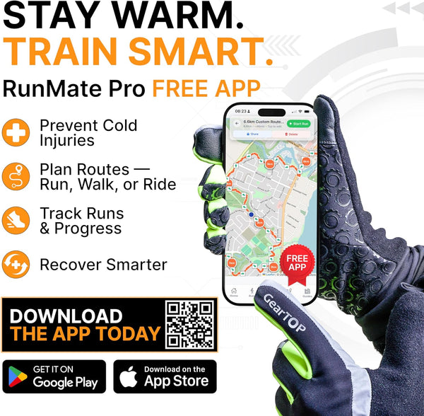 GearTop reflective running gloves paired with the RunMate Pro app to help runners plan routes, track progress, recover smarter, and stay warm during cold-weather training.