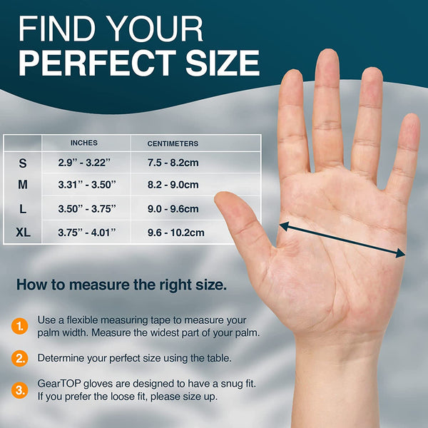 GearTop Touch Screen Reflective Running Gloves size chart showing hand measurement instructions and glove sizing guide for men and women to achieve the best fit.