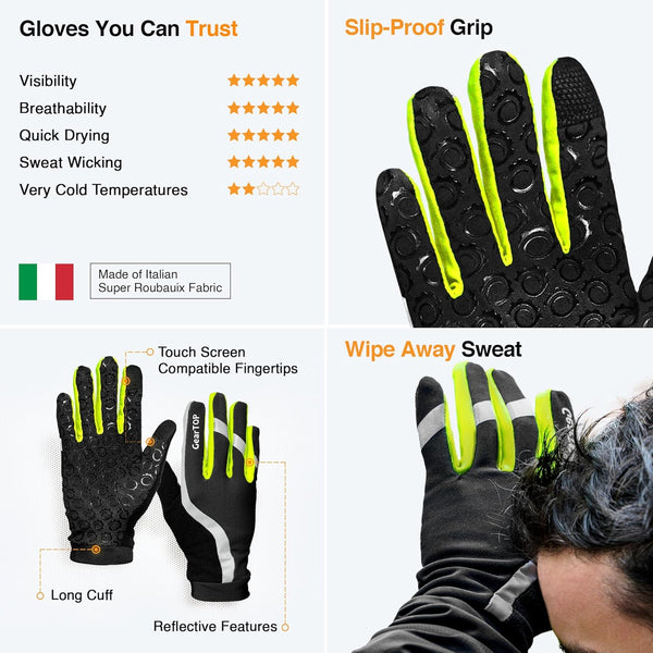 GearTop reflective running gloves featuring Italian Super Roubaix fabric, anti-slip silicone grip, touchscreen-compatible fingertips, reflective accents, moisture-wicking comfort, and long cuffs for cold-weather performance.