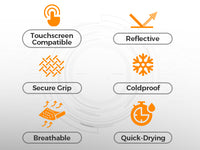 Feature overview of GearTop Touch Screen Reflective Running Gloves highlighting touchscreen compatibility, reflective safety, secure grip, breathable fabric, cold-weather comfort, and quick-drying performance.