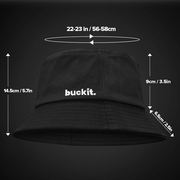 Size guide showing the Reset Bucket Hat dimensions and unisex fit for head circumferences between 56 and 58 cm with a comfortable everyday bucket hat design.