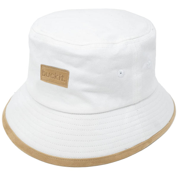 White suede bucket hat for men and women featuring premium cotton twill, a suede-trimmed brim, hidden pocket, removable chin strap, and packable wide-brim design for everyday sun protection.