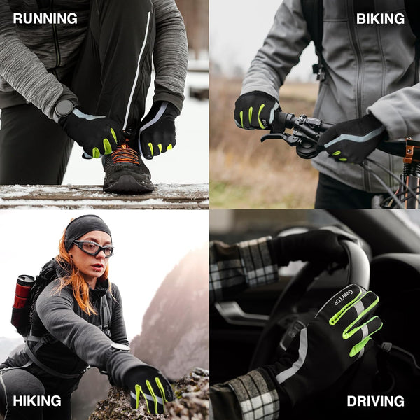 GearTop touchscreen reflective gloves designed for running, cycling, hiking, and driving with secure grip, warm comfort, and reflective visibility for outdoor adventures.