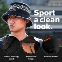 Feature overview of the Vibrant Bucket Hat highlighting its hidden pocket, removable adjustable strap, moisture-wicking sweatband, breathable cotton twill fabric, and lightweight packable design.
