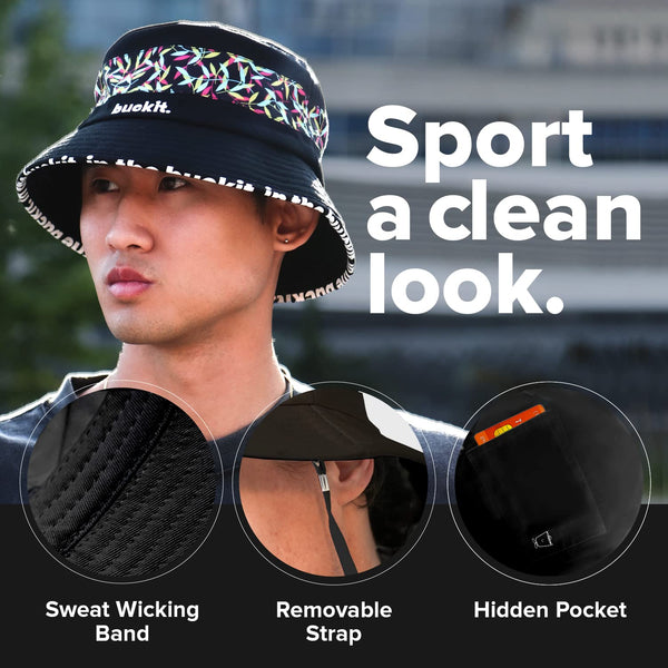 Feature overview of the Vibrant Bucket Hat highlighting its hidden pocket, removable adjustable strap, moisture-wicking sweatband, breathable cotton twill fabric, and lightweight packable design.