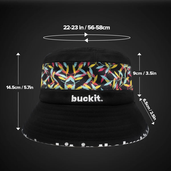 Size guide showing the Vibrant Bucket Hat dimensions with a comfortable fit for 56–58 cm head sizes, including crown height and wide brim measurements for easy sizing reference.