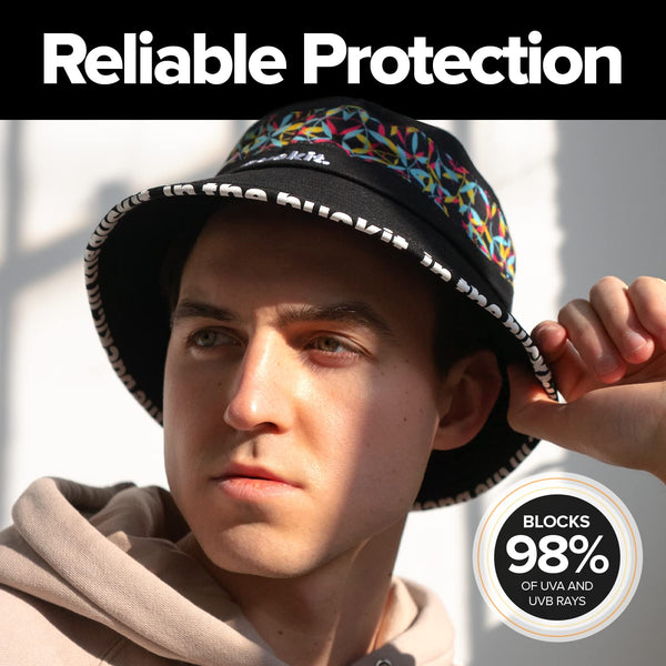 Lifestyle image of the Vibrant Bucket Hat demonstrating wide-brim coverage for everyday sun protection while delivering lightweight comfort and stylish outdoor wear for men and women.