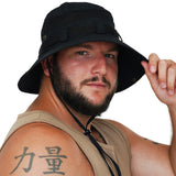 Black wide brim sun hat for men with adjustable chin strap, lightweight boonie hat for hiking and sun protection
