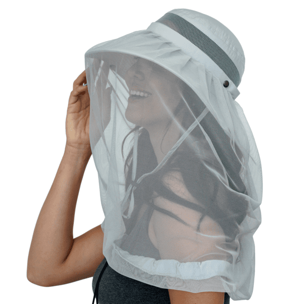 Side profile of the GearTOP Explorer Series light gray sun hat with fine mesh mosquito net providing full face and neck insect protection for hiking, camping, and fishing.