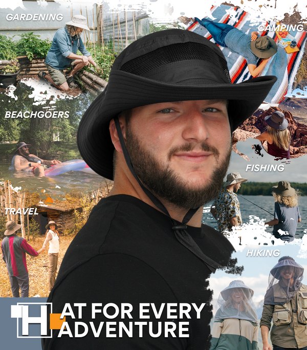 GearTOP Explorer Series sun protection hat with removable mosquito net for hiking, camping, fishing, gardening, travel, and outdoor adventures with UPF 50+ protection.