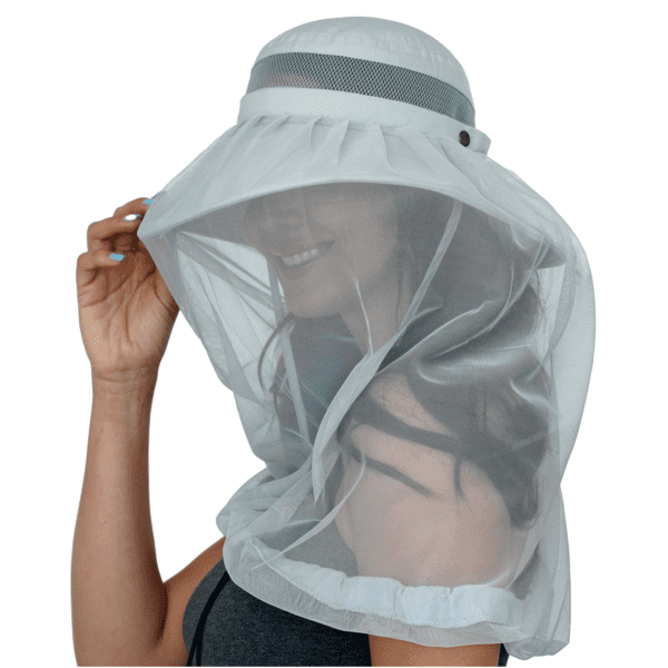 Angled view of the GearTOP Explorer Series UPF 50+ wide brim sun hat featuring a removable mosquito net, breathable construction, and secure fit for outdoor adventures.