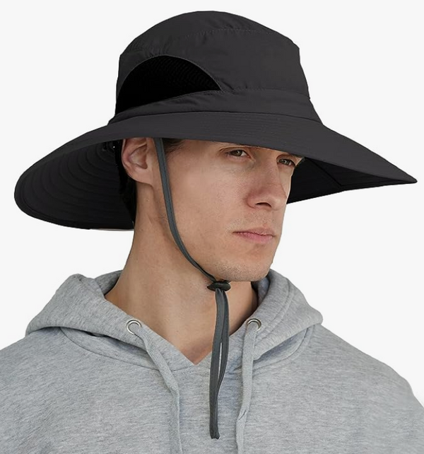 Close-up of a model wearing the GearTOP Discoverer Air Series dark gray wide brim sun protection hat with mesh ventilation and an adjustable chin strap.