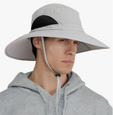 Front-angle product photo of the GearTOP Discoverer Air Series light gray wide brim sun protection hat with black mesh vent panels and adjustable chin strap.