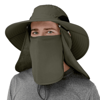 GearTop Discoverer Series army green sun hat with removable face and neck flaps, breathable mesh side panels, and UPF 50+ protection for hiking, fishing, gardening, and outdoor work.