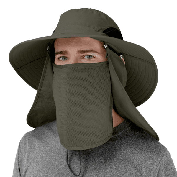 GearTop Discoverer Series army green sun hat with removable face and neck flaps, breathable mesh side panels, and UPF 50+ protection for hiking, fishing, gardening, and outdoor work.