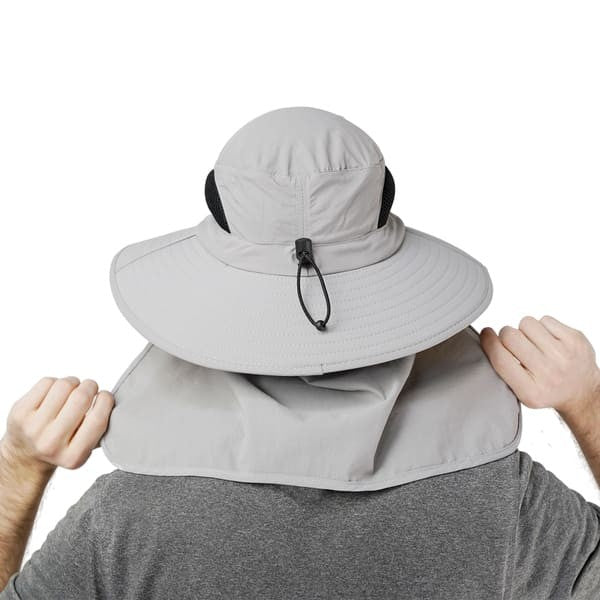 Rear view of the GearTop Discoverer Series sun hat highlighting the removable neck flap, rear adjustment drawcord, breathable side mesh, and wide brim for enhanced sun protection.