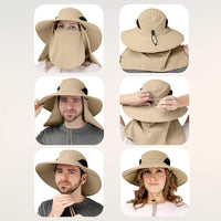 Feature collage showcasing the GearTop Discoverer Series sun hat with removable face and neck flaps, adjustable fit system, breathable mesh panels, wide brim, and versatile unisex design.