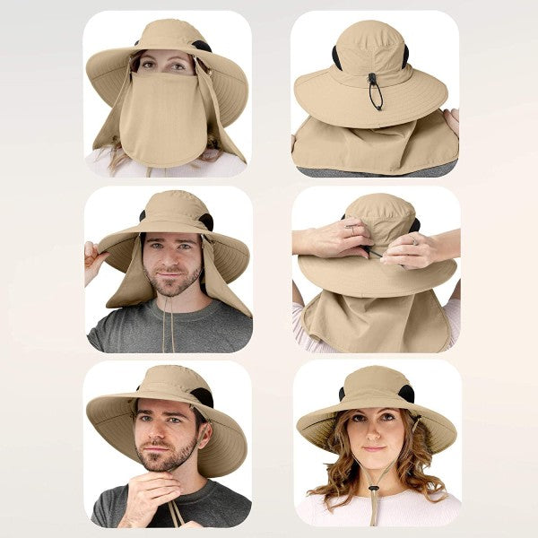 Feature collage showcasing the GearTop Discoverer Series sun hat with removable face and neck flaps, adjustable fit system, breathable mesh panels, wide brim, and versatile unisex design.