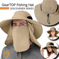 Product overview of the GearTop Discoverer Series fishing and hiking sun hat featuring removable face and neck flaps, breathable mesh ventilation, adjustable fit, wide brim, and versatile unisex design for outdoor adventures.