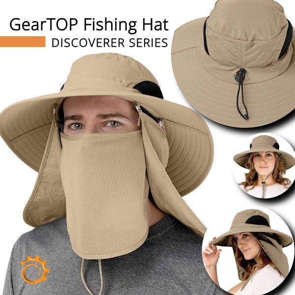 Product overview of the GearTop Discoverer Series fishing and hiking sun hat featuring removable face and neck flaps, breathable mesh ventilation, adjustable fit, wide brim, and versatile unisex design for outdoor adventures.