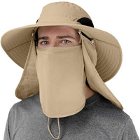 GearTop Discoverer Series khaki sun protection hat with removable face and neck flaps, breathable mesh panels, and UPF 50+ wide brim for reliable protection against sun, wind, and insects.