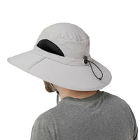 Rear angled view of the GearTop Discoverer Series light gray hat showing ventilated mesh panels, adjustable rear drawcord, and wide brim for cooling comfort and sun protection.