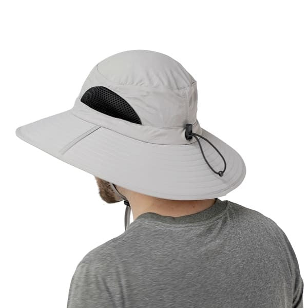 Rear angled view of the GearTop Discoverer Series light gray hat showing ventilated mesh panels, adjustable rear drawcord, and wide brim for cooling comfort and sun protection.