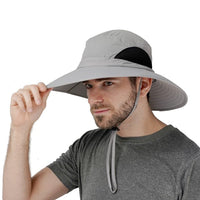 Angled view of the GearTop Discoverer Series sun hat featuring breathable mesh side panels, adjustable chin strap, lightweight construction, and UPF 50+ protection for outdoor activities.