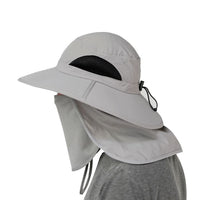 Side profile of the GearTop Discoverer Series light gray sun hat showing breathable mesh panels, removable face and neck flaps, adjustable drawcord, and wide brim for 360-degree outdoor protection.