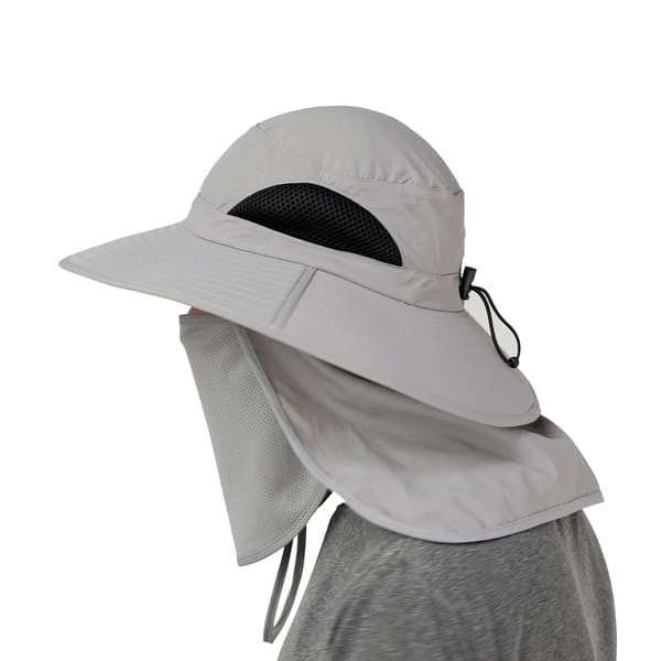 Side profile of the GearTop Discoverer Series light gray sun hat showing breathable mesh panels, removable face and neck flaps, adjustable drawcord, and wide brim for 360-degree outdoor protection.