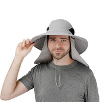 Outdoor model wearing the GearTop Discoverer Series light gray wide brim sun hat with breathable mesh ventilation and removable neck flap for lightweight all-day UV protection.