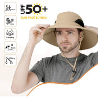 Person wearing the GearTop Discoverer Series khaki sun protection hat with UPF 50+, breathable mesh ventilation, and wide brim for hiking, fishing, camping, gardening, and beach adventures.