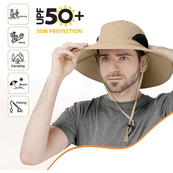 Person wearing the GearTop Discoverer Series khaki sun protection hat with UPF 50+, breathable mesh ventilation, and wide brim for hiking, fishing, camping, gardening, and beach adventures.