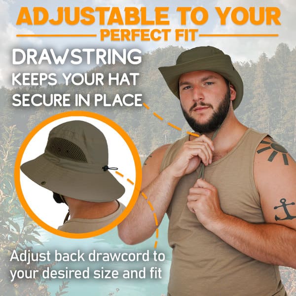Infographic showing the GearTOP Floater Series adjustable rear drawcord and chin strap for a secure, customizable fit during windy hikes, boating, fishing, and camping.