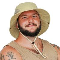 Man wearing the GearTOP Floater Series beige waterproof wide brim sun hat featuring UPF 50+ sun protection, breathable mesh ventilation, and adjustable chin strap for all-day outdoor comfort.