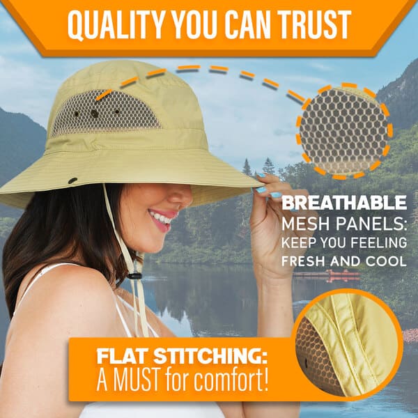 Infographic highlighting the GearTOP Floater Series breathable mesh side panels, flat comfort stitching, and waterproof construction designed to keep outdoor enthusiasts cool and comfortable.