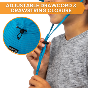 Adjustable drawcord and chin strap system on kids sun hat for secure, comfortable fit during activity