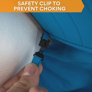 Close-up of safety clip on kids sun hat chin strap designed to prevent choking and ensure safe wear