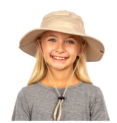 Smiling child wearing beige GearTOP kids sun hat with UPF 50+ protection and wide brim for full sun coverage