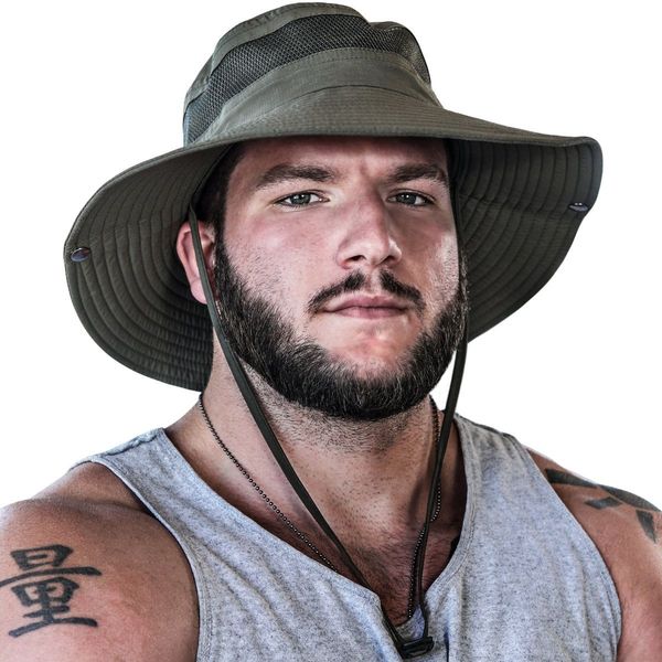 Man wearing the GearTop Navigator Series army green UPF 50+ sun hat with breathable mesh ventilation and adjustable chin strap for fishing, hiking, and outdoor activities.